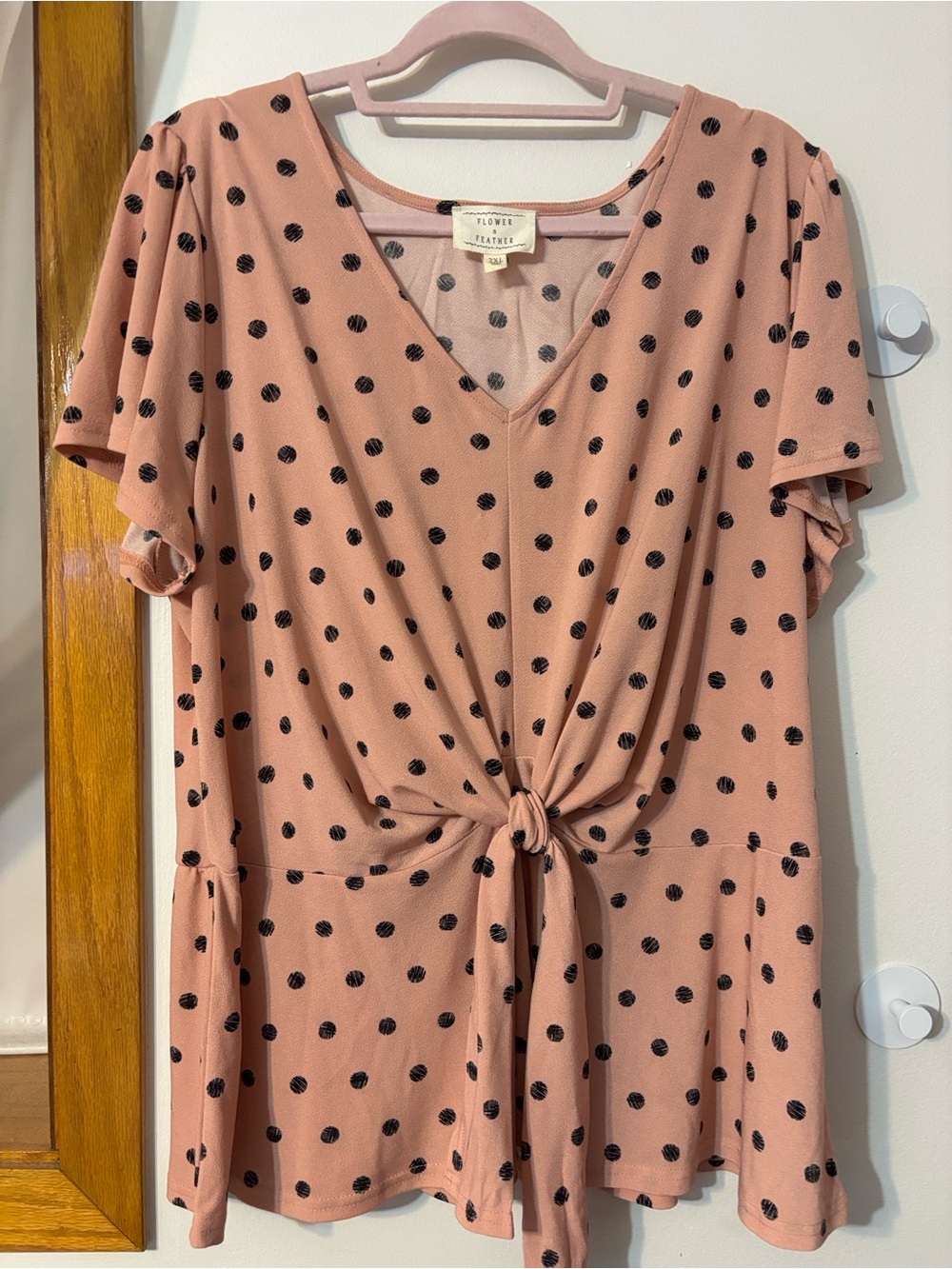 Flowy Polka Dot Tie-Front Blouse - Dusty Rose by
